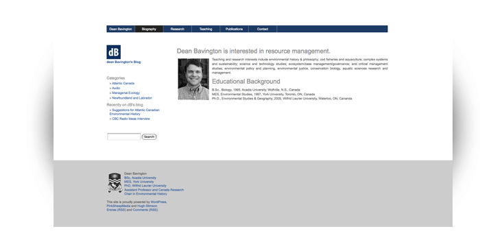 Web design for Dean Bavington, Ph.D.